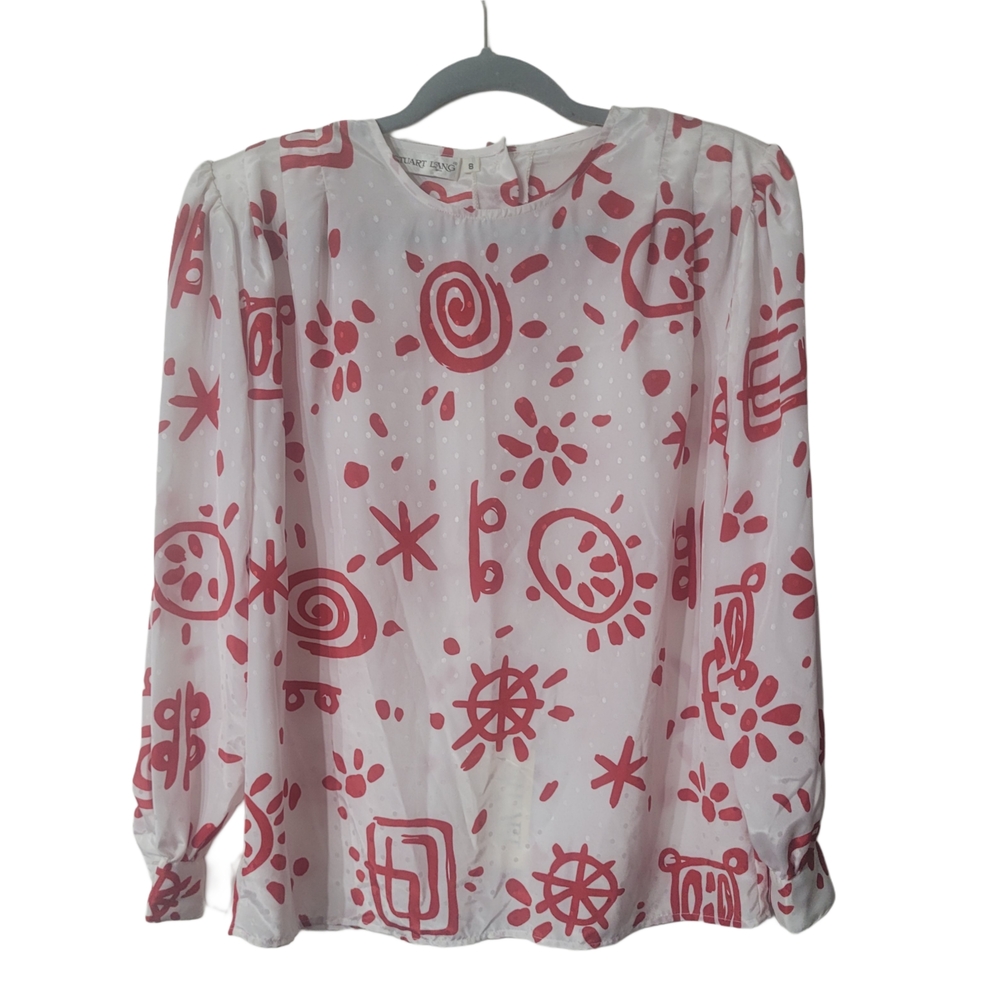 Stuart Lang Vintage Red and White Graphic Long Sleeve Blouse Size 8